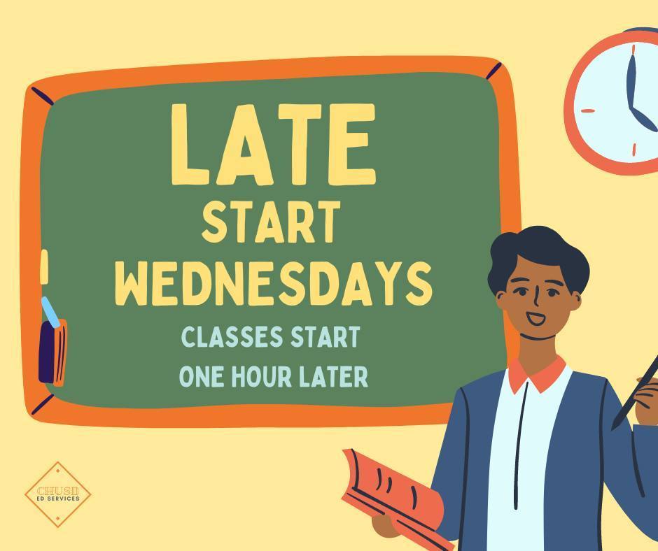 board reading "late start wednesdays"classes start one hour later" with guy reading and talking next to it