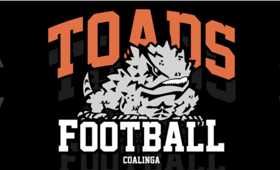 coalinga high school mascot toad with text: toads football coalinga